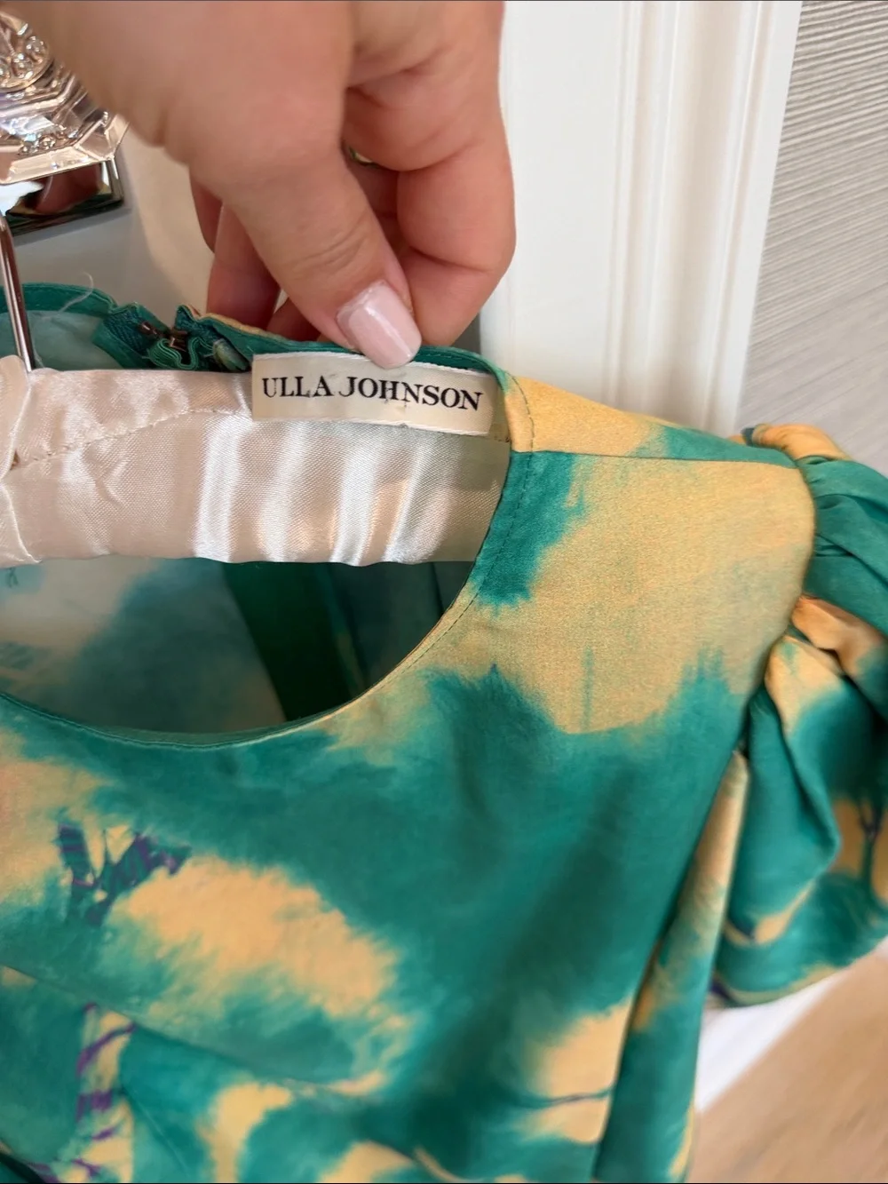 Ulla Johnson Green and Yellow Tie-Dye Puff Sleeve Blouse